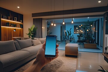 A cozy living room at night with a person holding a phone, showcasing modern design and soft lighting.