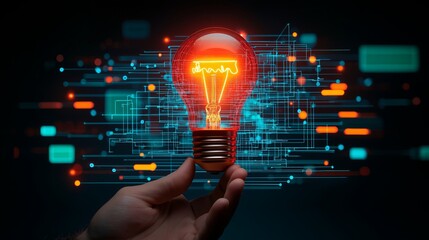 A glowing light bulb in a hand, representing innovative ideas and technology in a digital environment with vibrant circuitry.