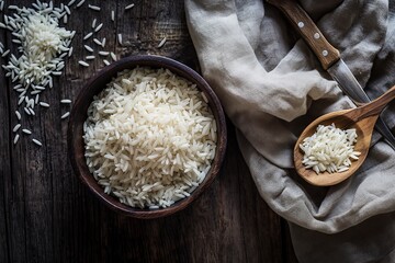 Wall Mural - Raw rice in wooden bowl and spoon on rustic wooden background.