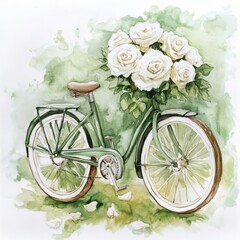 Vintage Bicycle with White Roses, Watercolor Illustration in Soft Green Tones
