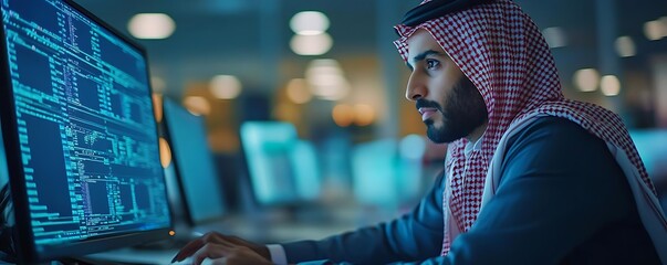 Focused Arab Man Working on Computer with Code on Screen - Realistic Image