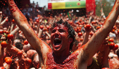 Wall Mural - the Tomatina festival in Spain, where people throw tomatoes at each other with excitement and joy.