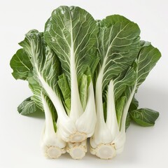 Wall Mural - Pile of freshly cut broccoli with green stems and white crowns, laid flat on a white background.