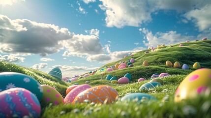 2. Green grassy hill covered with vibrant Easter eggs and cute bunnies, set against a backdrop of a clear blue sky with fluffy white clouds, warm sunlight illuminating the scene, detailed and lively