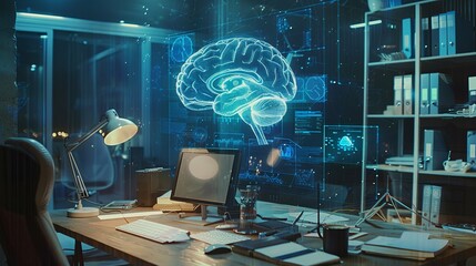 Wall Mural - multi-exposure of modern workspace featuring computer, human brain hologram, and creative brainstorm