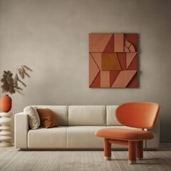 A minimalist, modern living room interior, light muted tones, beige couch, abstract geometric sculpture in warm terracotta hues on the wall, bright orange lounge chair, wood and glass coffee table, na