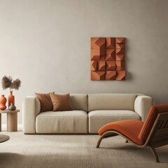 A minimalist, modern living room interior, light muted tones, beige couch, abstract geometric sculpture in warm terracotta hues on the wall, bright orange lounge chair, wood and glass coffee table, na