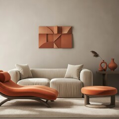 A minimalist, modern living room interior, light muted tones, beige couch, abstract geometric sculpture in warm terracotta hues on the wall, bright orange lounge chair, wood and glass coffee table, na