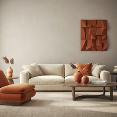 A minimalist, modern living room interior, light muted tones, beige couch, abstract geometric sculpture in warm terracotta hues on the wall, bright orange lounge chair, wood and glass coffee table, na