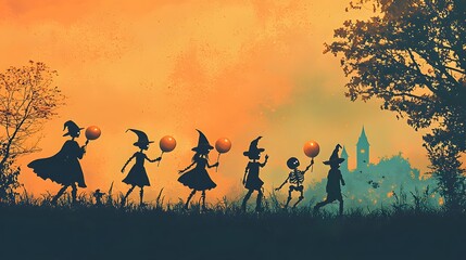 Silhouettes of witches and a skeleton celebrate Halloween with orange balloons at sunset.