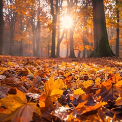 Sticker - 2. Fallen maple leaves covering the ground, warm golden sunlight filtering through trees, vibrant orange and yellow foliage, misty atmosphere, soft focus background, dreamy ethereal mood, autumn