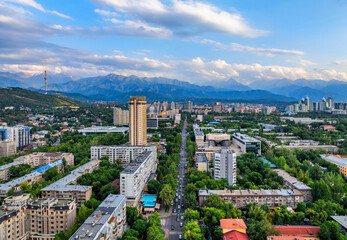 View from a quadcopter of the south-eastern part of the Kazakh city of Almaty in the summer afternoon