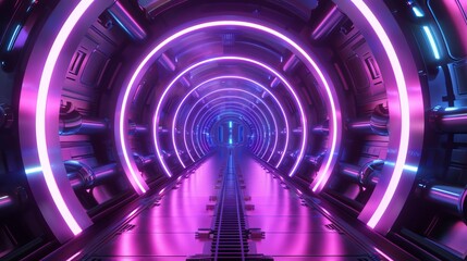 Wall Mural - neon purple portal gate inside alien spaceship with futuristic sci-fi design, high-tech interior in 