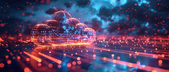 Futuristic  Hologram Displaying Cloud Computing Network Architecture.