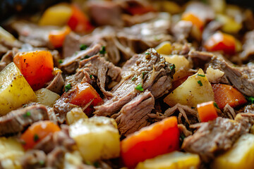 Savory pot roast with colorful vegetables cooked, closeup