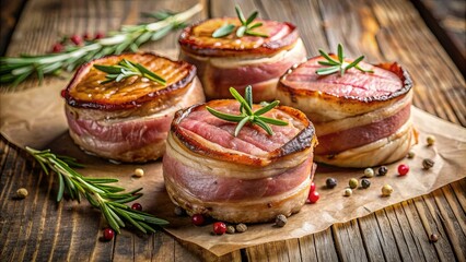 Wall Mural - Grilled meat fillet steak wrapped in bacon medallions, food, steak, bacon, grilled, cooking, juicy, tasty, delicious, savory