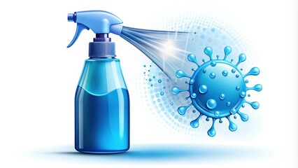 Colorful illustration of a spray bottle with a splash of blue liquid and a stylized germ icon, symbolizing cleanliness and hygiene in a modern design.