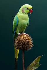 Green parrot with red beak perched on a brown spiky flower with a green leaf in the corner against a dark green background.