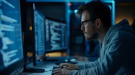 Wall Mural - programmer working on computer in modern it office, typing data and coding, analyzing software code 