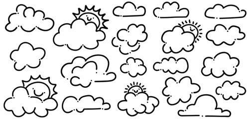 Sticker - Hand-Drawn Cloud Doodle Set | Cute Cartoon Sun and Cloud Line Art Illustrations for Weather, Children’s Design, and Creative Projects