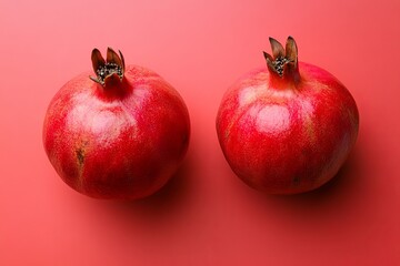 Two red pomegranates on a red background.