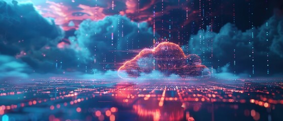 Wall Mural - Futuristic 3D Hologram of Cloud Storage Concept with Real-time Data Visualization