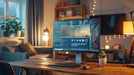 Desktop computer displaying latest news web page on screen, positioned on a wooden desk in a creative, cozy living room with warm evening lighting and open space studio background