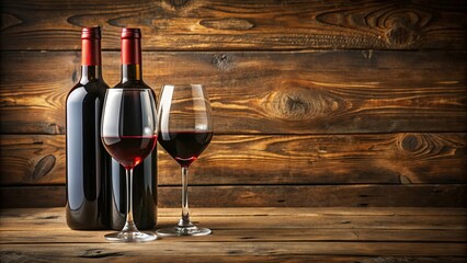 bottle of red wine with two glasses on a rustic wooden table, red wine, bottle, glasses, rustic, woo