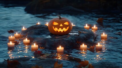 Glowing jack-o'-lantern surrounded by candles in a serene water setting.