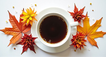 Sticker - cup of coffee with autumn leaves