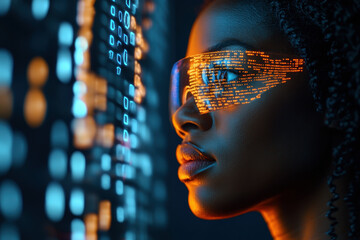 Wall Mural - AI cyber security threat illustration, black african american female IT specialist analyzing data information technology, augmented reality artificial intelligence collage, matrix numbers, copy space