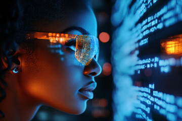 Wall Mural - ai cyber security threat illustration, black african american female it specialist analyzing data in