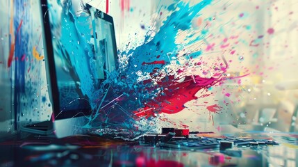 Wall Mural - vibrant digital art background featuring a computer screen with dynamic paint splashes and futuristi