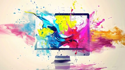 Wall Mural - vibrant digital art background featuring a computer screen with dynamic paint splashes and futuristi