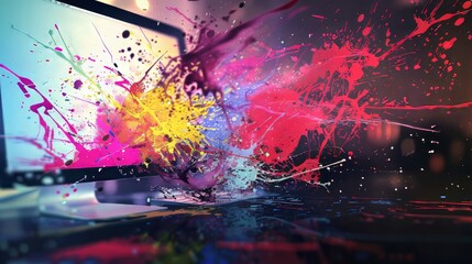 Wall Mural - vibrant digital art background featuring a computer screen with dynamic paint splashes and futuristi