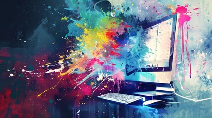 Wall Mural - vibrant digital art background featuring a computer screen with dynamic paint splashes and futuristi