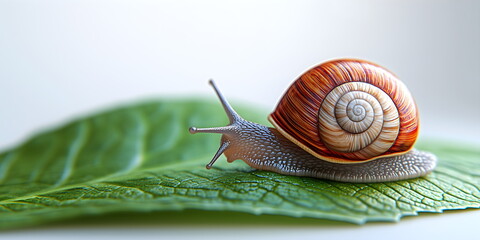 Wall Mural - Snail on white background with green leaf