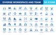 © Gravisio - Diverse workspace and team icon set with distributed teams, collaboration tools, flexible work arrangements, team productivity, freelancing, remote project management icon. Simple flat vector