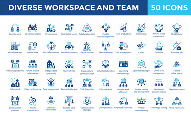 diverse workspace and team icon set with distributed teams, collaboration tools, flexible work arran