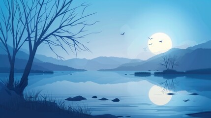 Wall Mural - Peaceful and calming illustration of a mystical lake for graphic design and branding.