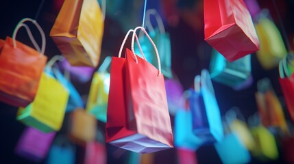 2. Floating colorful shopping bags in space, vibrant red bag sharply in focus, blurred blue and green bags in the background, dynamic composition with motion blur effect, black backdrop, scattered