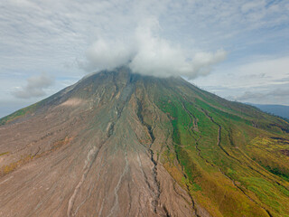 Aerial drone view of Mount Sinabung at Berastagi in North Sumatra, Indonesia.