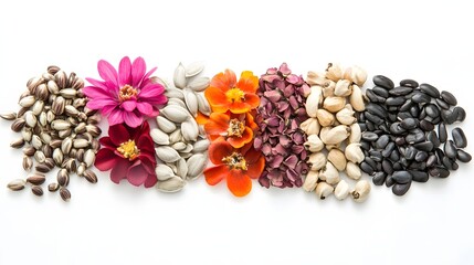 54. an assortment of rare flower seeds isolated on a white background