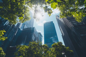 Cityscape View of Skyscrapers Through Lush Foliage