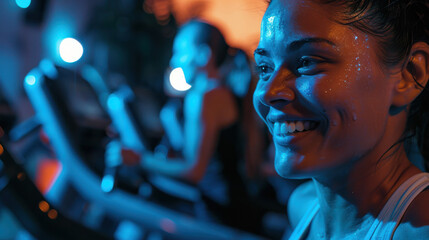 Wall Mural - Close-up of a smiling woman running on a treadmill, her face illuminated by soft gym lighting, background softly blurred with gym equipment