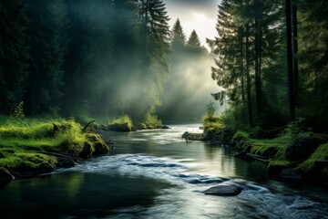 Wall Mural - Serene River Flowing Through a Lush Forest