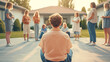 © Studios - A man sits on the ground while listening to a group of people have a conversation outside in the backyard.
