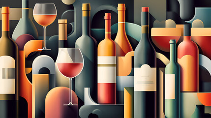 Wall Mural - A vibrant and abstract illustration of wine bottles and glasses, perfect for your next wine-themed project.