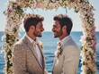 © Mikki Orso - Charming gay couple celebrating their wedding ceremony outdoors by the sea under floral arch