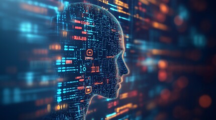 Futuristic AI coding agent concept with digital code and neural networks visualized in the background symbolizing the intersection of artificial intelligence and data processing
